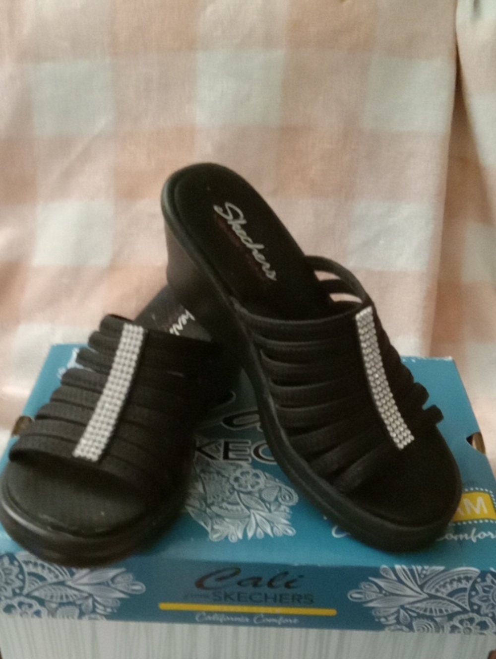 Skechers Black Slip-On Wedge Mules with Rhinestone Strap